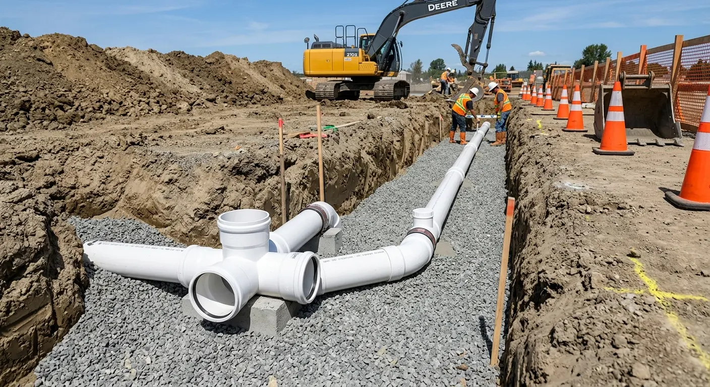 New PVC sewer pipe installation in open trench for Commercial Drain Cleaning in Nashville