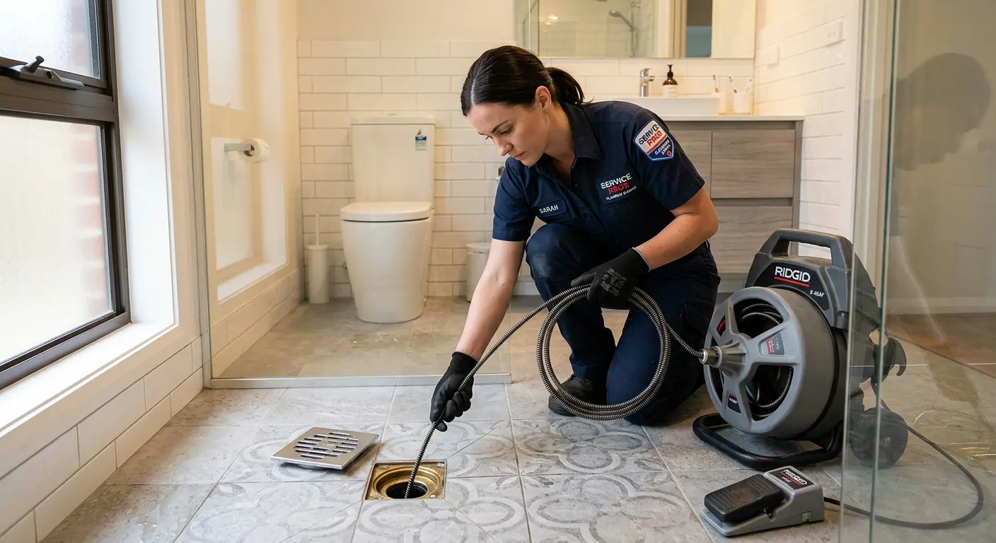 Technician clearing a bathroom floor drain for Sewer Line Installation in Nashville